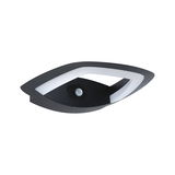 Black LED outdoor wall light with motion sensor and white plastic light ring for garden lighting