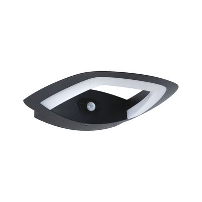 Black LED outdoor wall light with motion sensor and white plastic light ring for garden lighting