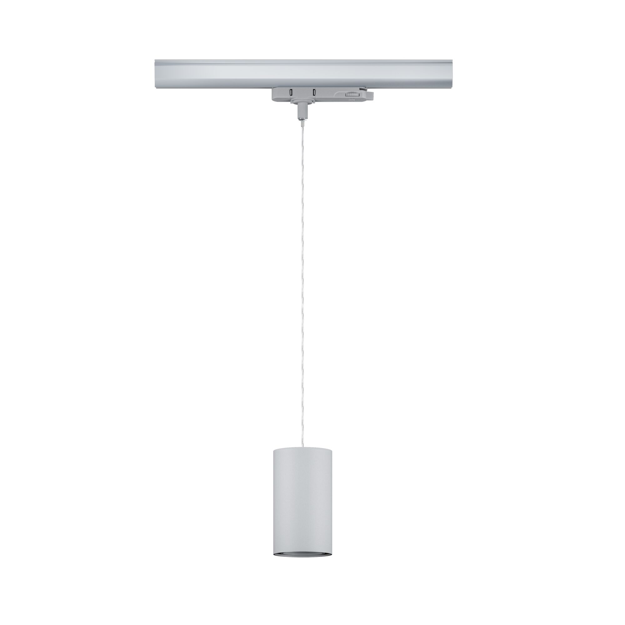 Modern white aluminum pendant light with cylindrical shade and track system for LED lighting