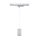Modern white aluminum pendant light with cylindrical shade and track system for LED lighting