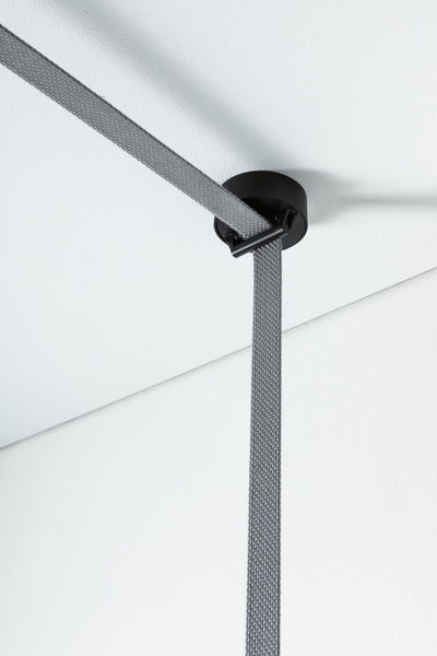 Black ceiling mount with grey textile cable for modern LED pendant light, minimalist design