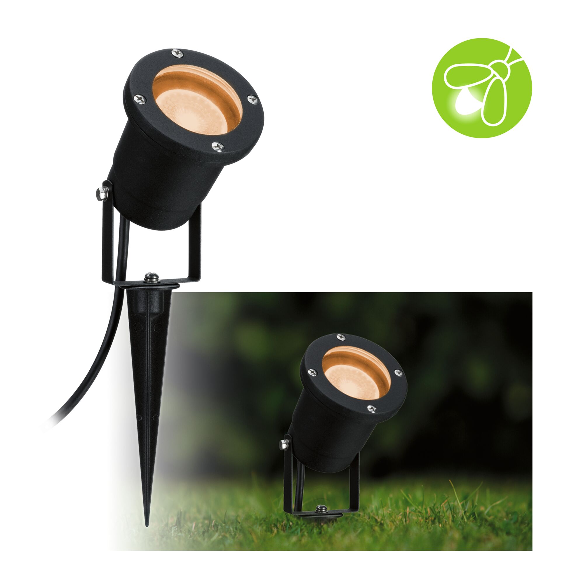LED Garden reflektor Spot Vhodné pro hmyz IP65 kulaté 92mm 2200K 4,3W 320lm 230V 38° Černá Kov Schwarzer LED-Gartenstrahler mit Erdspieß aus Metall für Außenbeleuchtung im Gartenbereich