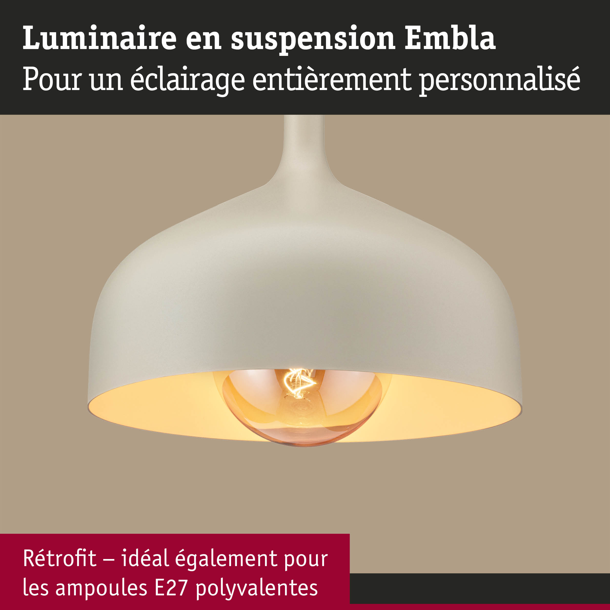 Luminaire suspendu Embla en blanc crème avec douille E27 pour éclairage LED polyvalent