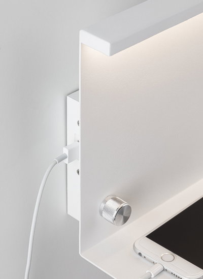 White metal LED wall light with dimmer and smartphone charging cable for modern lighting solutions