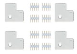 Four white plastic L-shaped connectors with gold pins for LED lighting systems.
