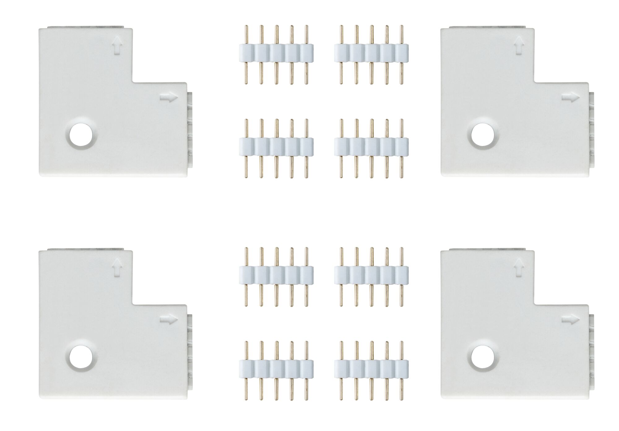 Four white plastic L-shaped connectors with gold pins for LED lighting systems.