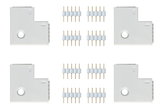 Four white plastic L-shaped connectors with gold pins for LED lighting systems.