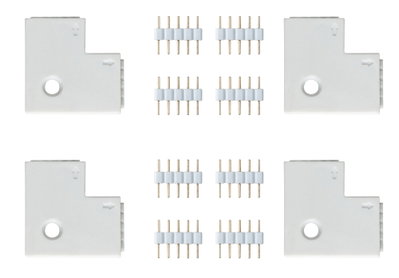 Quatre connecteurs en L blancs en plastique avec broches dorées pour systèmes d'éclairage LED.