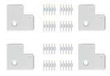 Four white plastic L-shaped connectors with gold pins for LED lighting systems.