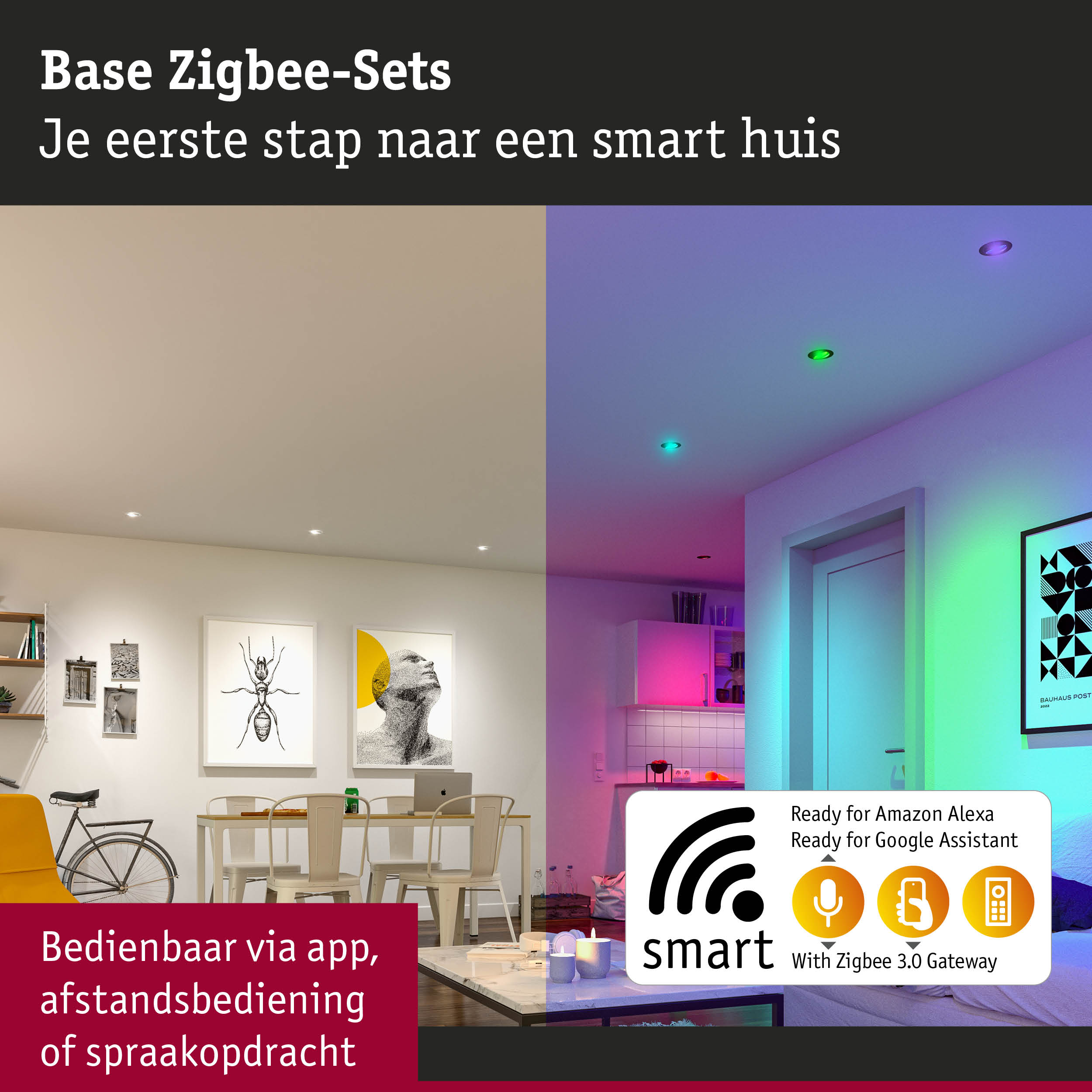 Modern woonkamer met slimme Zigbee LED inbouwspots in wit en RGB-kleuren voor slimme huisbesturing