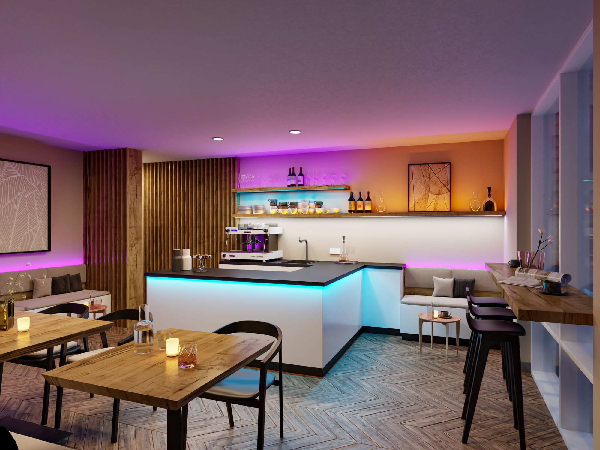 Modern kitchen island with white LED lighting and wood accents, stylish bar with coffee machine and seating area