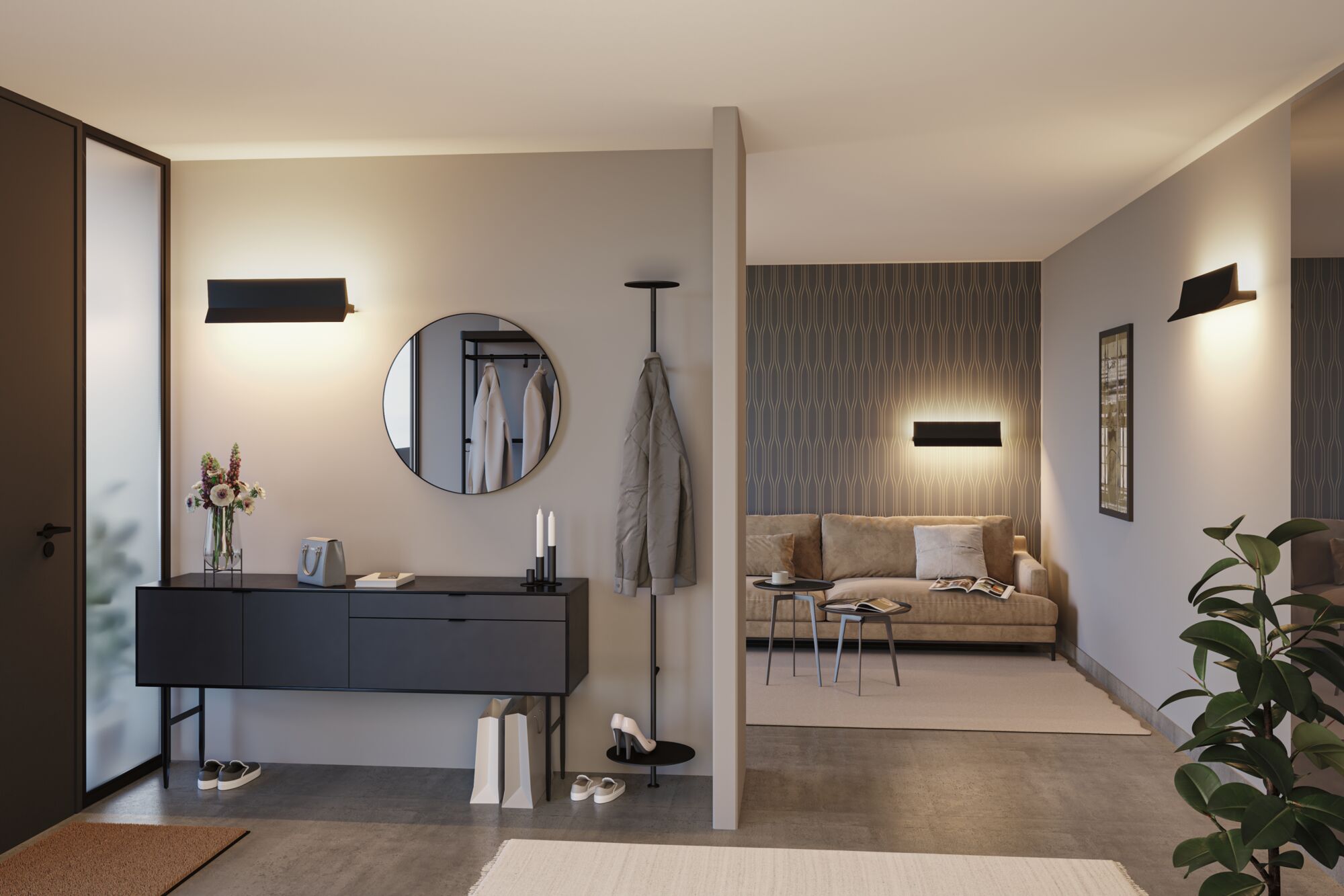 Moderne stue med sorte væglamper, beige sofa og gråt skænk til stilfuld belysning