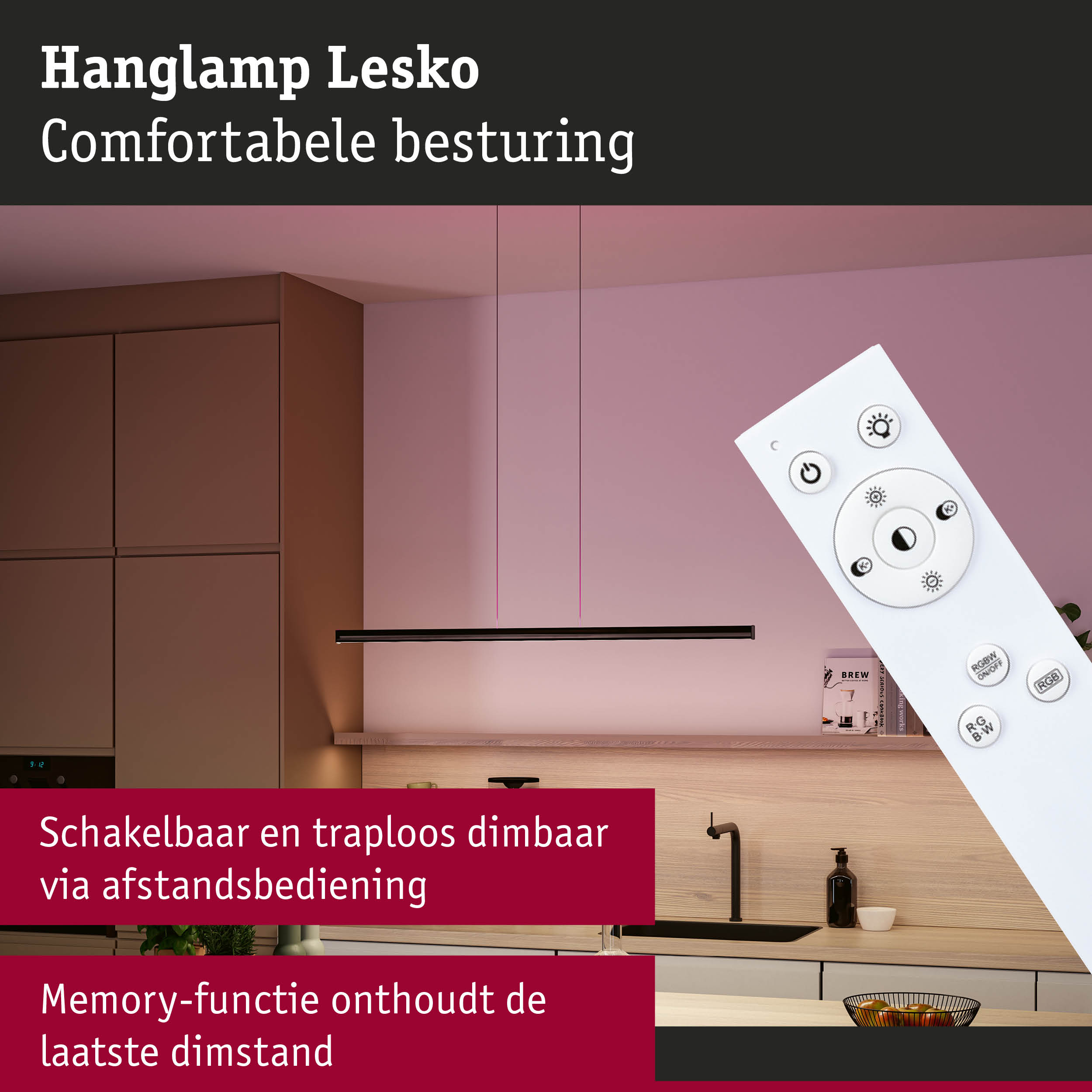Zwarte LED-hanglamp Lesko met afstandsbediening, dimbaar voor moderne keukenverlichting