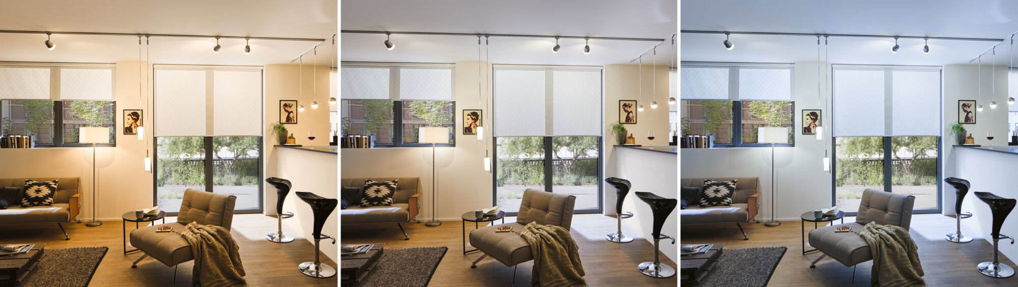 Modernes Wohnzimmer mit grauem Sessel, Ledersofa und schwarzen Barhockern, Tageslicht und Beleuchtung