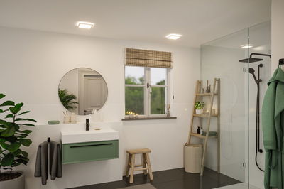 Modern bathroom with green vanity cabinet, round mirror, and black shower fixtures in bright setting