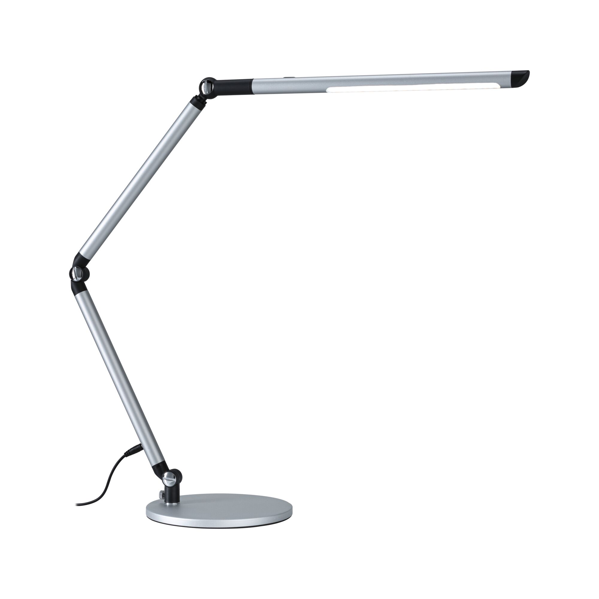 Modern silver metal LED desk lamp with adjustable arm and round base for office lighting