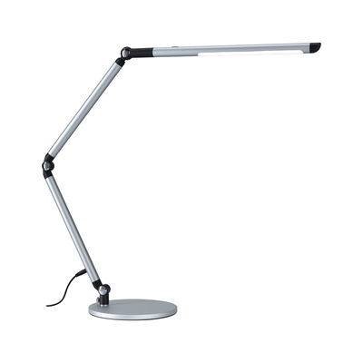 Modern silver metal LED desk lamp with adjustable arm and round base for office lighting