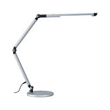 Modern silver metal LED desk lamp with adjustable arm and round base for office lighting