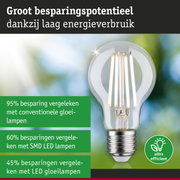 Energiezuinige LED-lamp met helder glas en zilveren fitting tegen groen-blauwe achtergrond