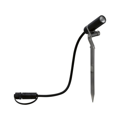 Black metal LED garden spotlight with ground spike and waterproof cable for outdoor lighting