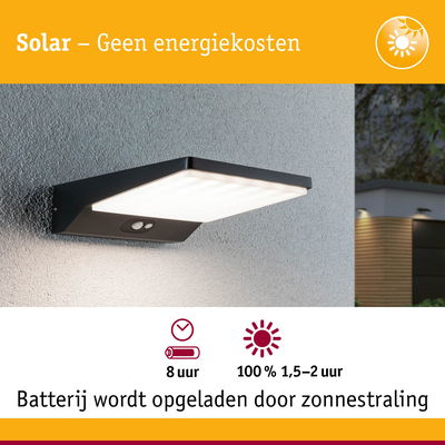 Zwarte solar wandlamp met bewegingssensor en wit licht, energiezuinige buitenverlichting