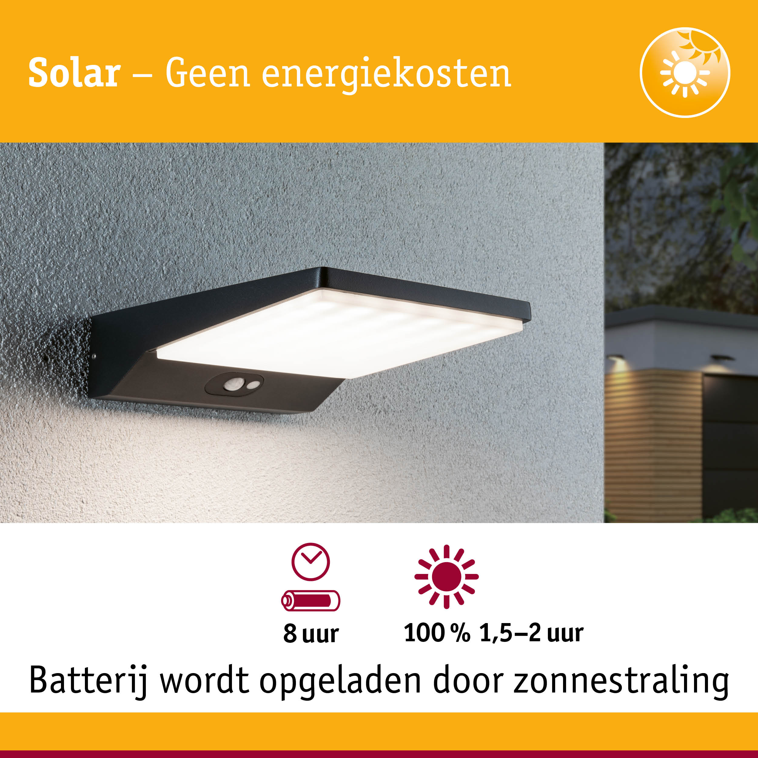Zwarte solar buitenwandlamp met bewegingssensor aan grijze muur voor energiebesparende verlichting