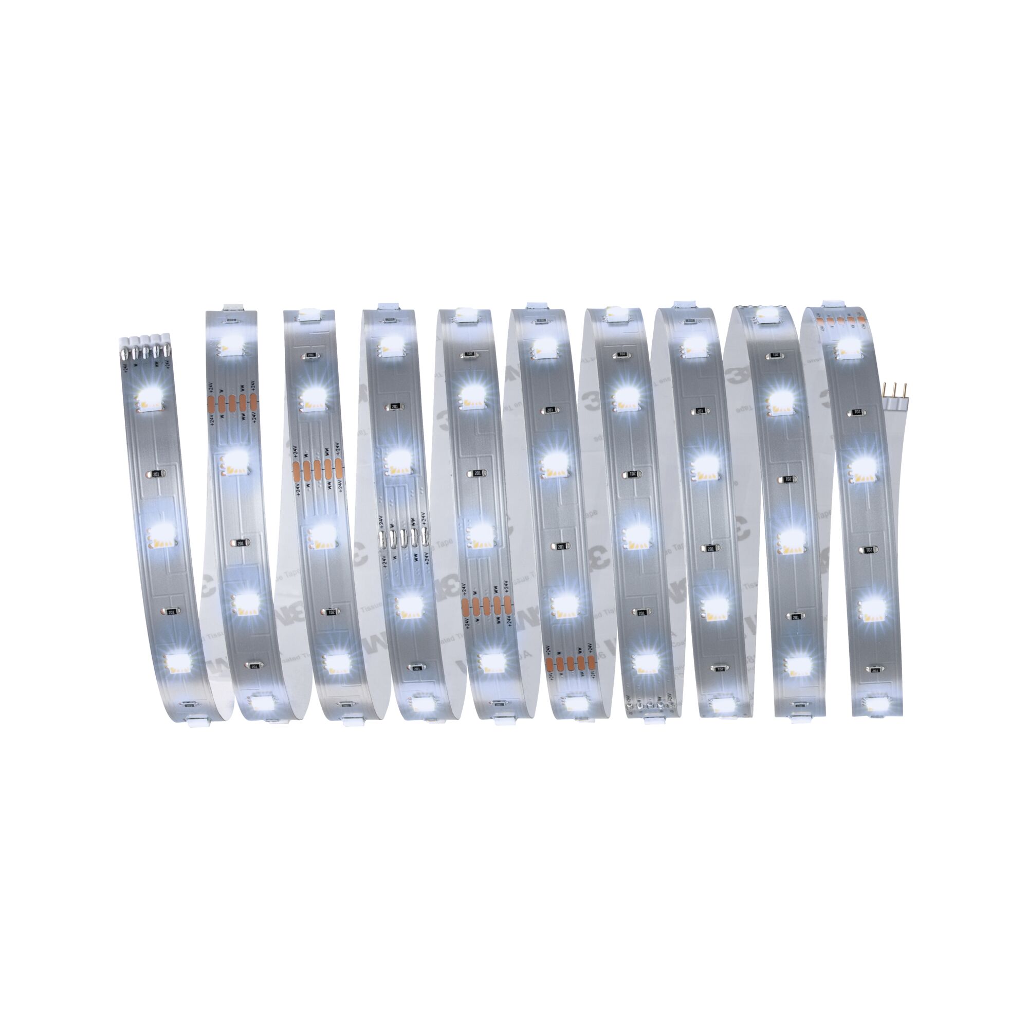 Flexible LED strip with white LEDs on silver circuit board for modern lighting applications