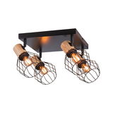 Ceiling light with four black metal cages and wood accents, warm lighting for living room decor