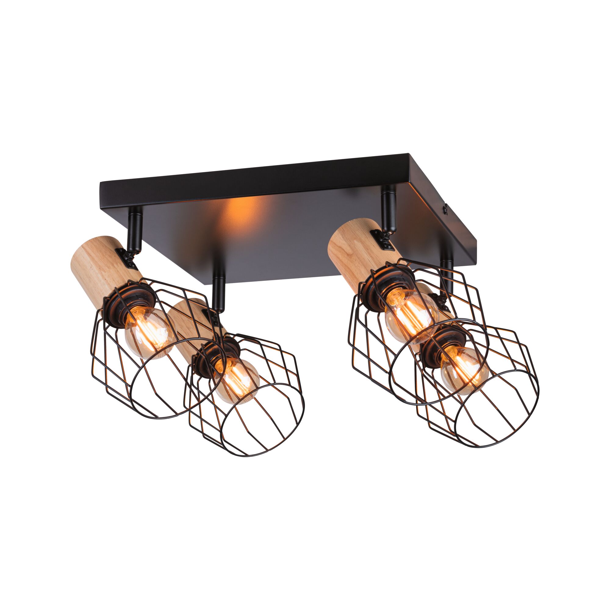Plafondlamp met vier zwarte metalen kooien en houten accenten, warm licht voor woonkamer