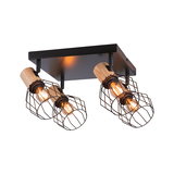 Plafondlamp met vier zwarte metalen kooien en houten accenten, warm licht voor woonkamer