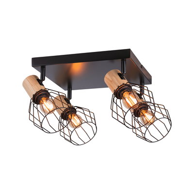 Plafondlamp met vier zwarte metalen kooien en houten accenten, warm licht voor woonkamer