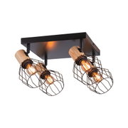 Deckenleuchte mit vier schwarzen Metallgittern und Holzdetails, warmes Licht für Wohnzimmerbeleuchtung