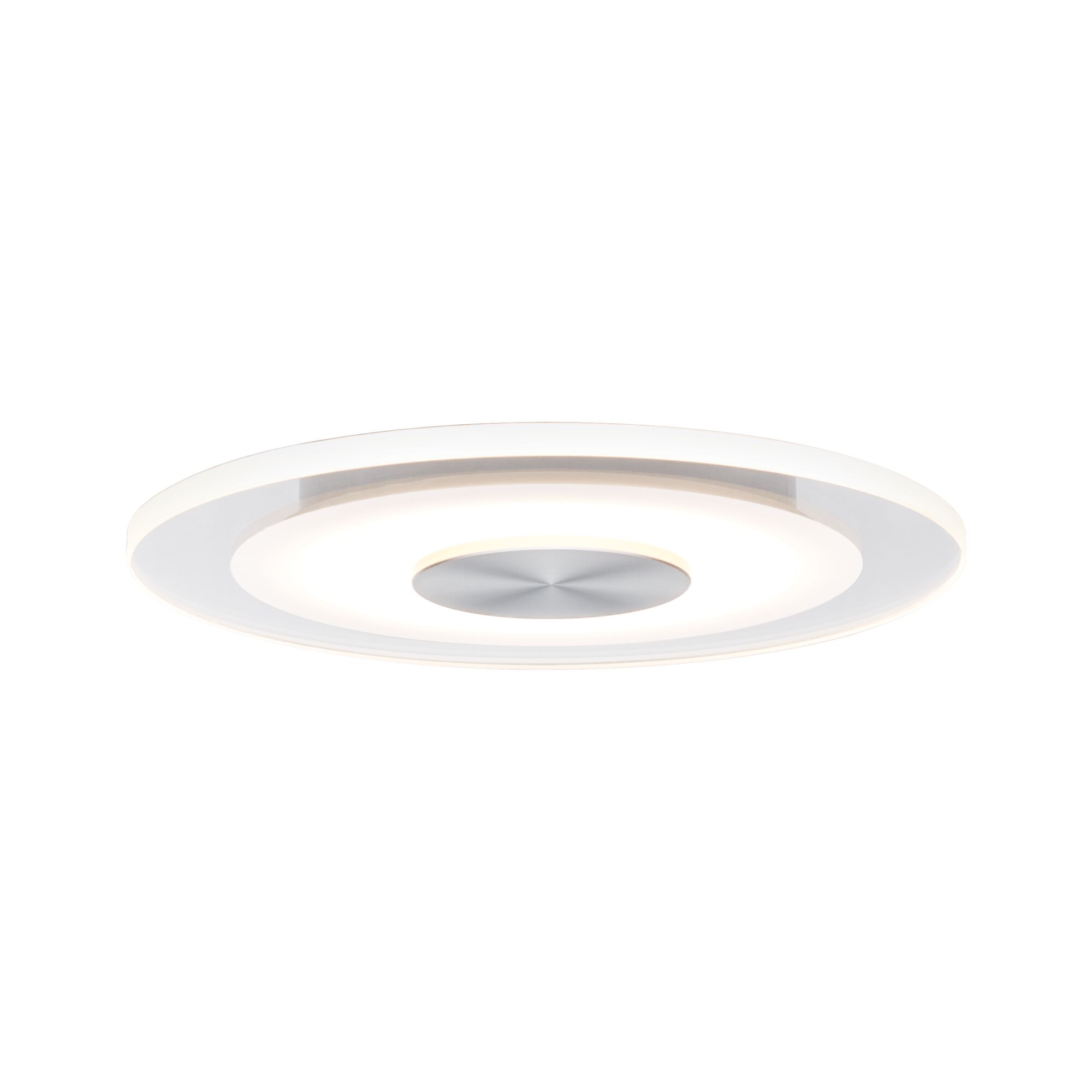 Rund LED-loftlampe med hvid akryl og sølvfarvet metal i midten til moderne belysning