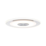 Rund LED-loftlampe med hvid akryl og sølvfarvet metal i midten til moderne belysning