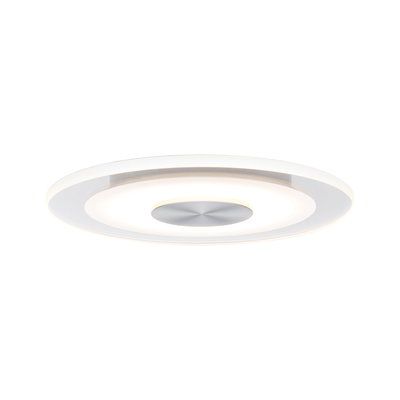 Rund LED-loftlampe med hvid akryl og sølvfarvet metal i midten til moderne belysning