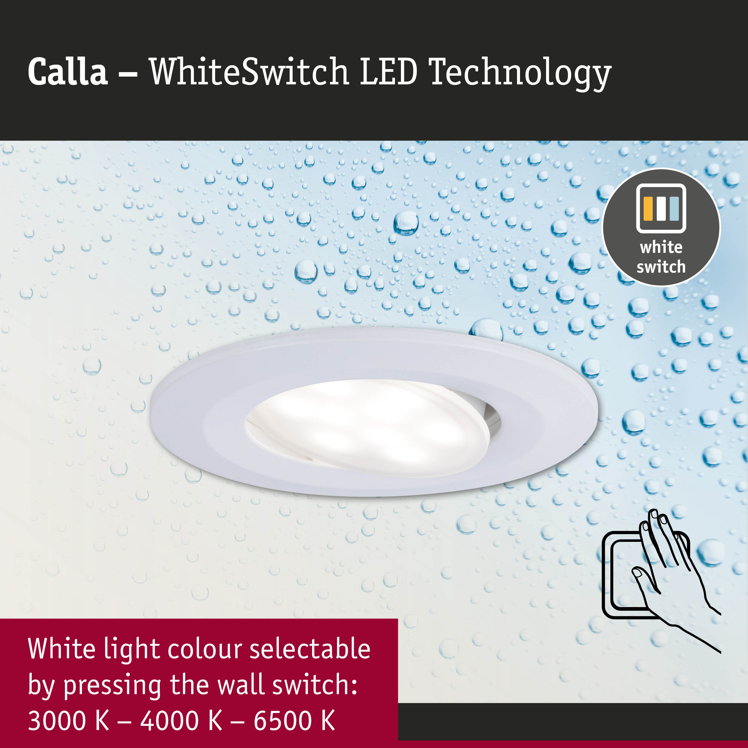 Calla white LED recessed spotlight with WhiteSwitch technology, adjustable light colour 3000-6500K via wall switch