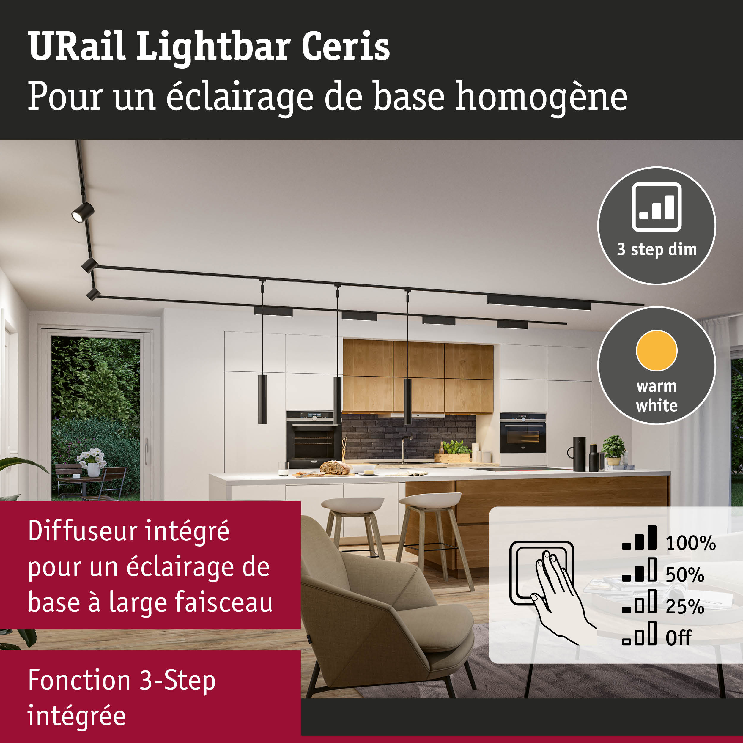 Système de rails URail Lightbar Ceris noir avec spots LED dimmables pour un éclairage de base homogène