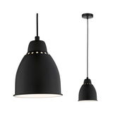 Black metal pendant lamp with perforated upper edge and white diffuser, ideal for living spaces.