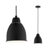 Black metal pendant lamp with perforated upper edge and white diffuser, ideal for living spaces.