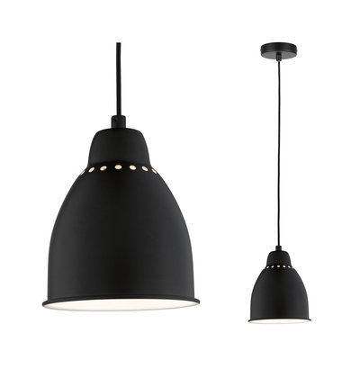 Black metal pendant lamp with perforated upper edge and white diffuser, ideal for living spaces.