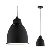 Black metal pendant lamp with perforated design and warm white light for modern interiors