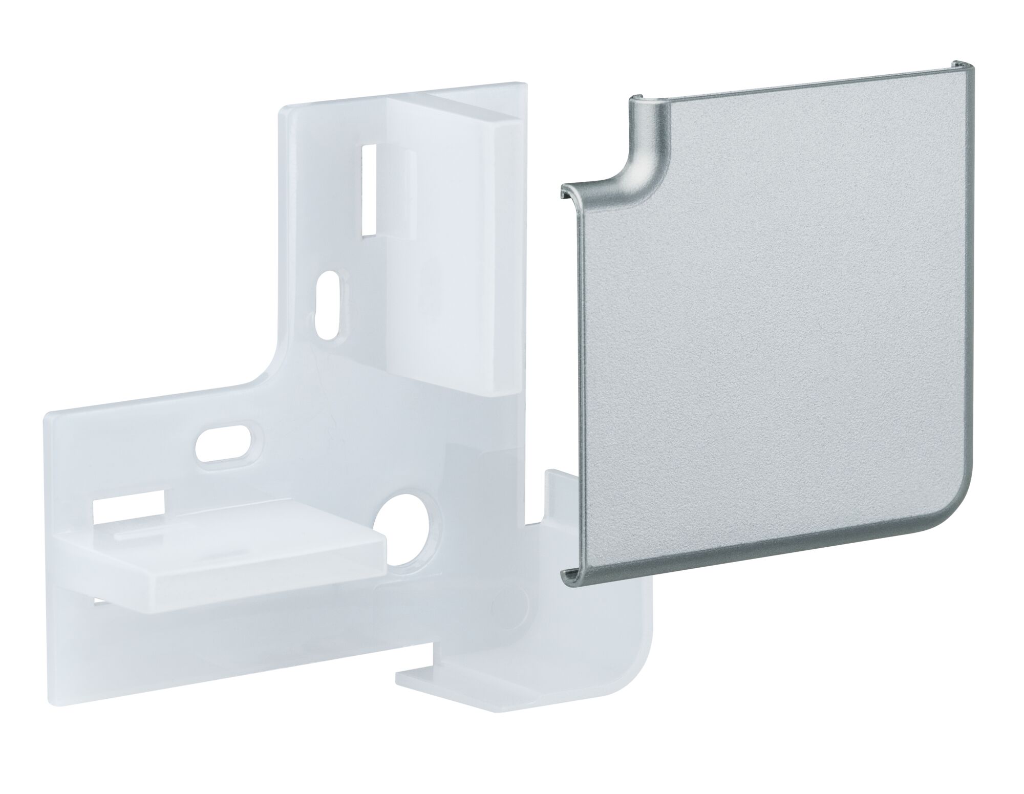 Hvid plastikbeslag med sølv metalafdækning til montering af LED-lysstrimmel