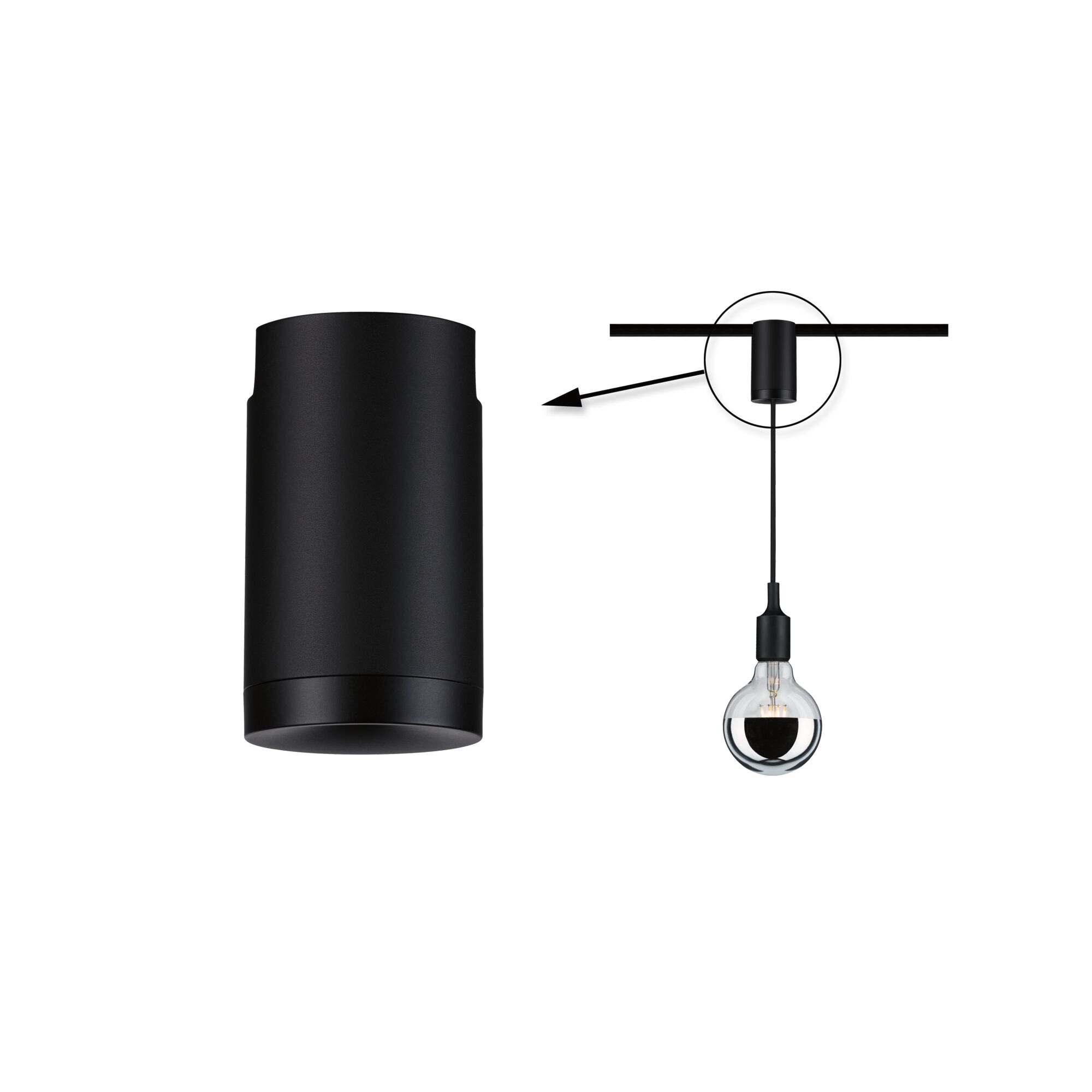 URail Adaptateur de suspension Universal max. 100W 230V Noir mat Plafonnier noir en métal au design cylindrique avec ampoule pour éclairage intérieur moderne