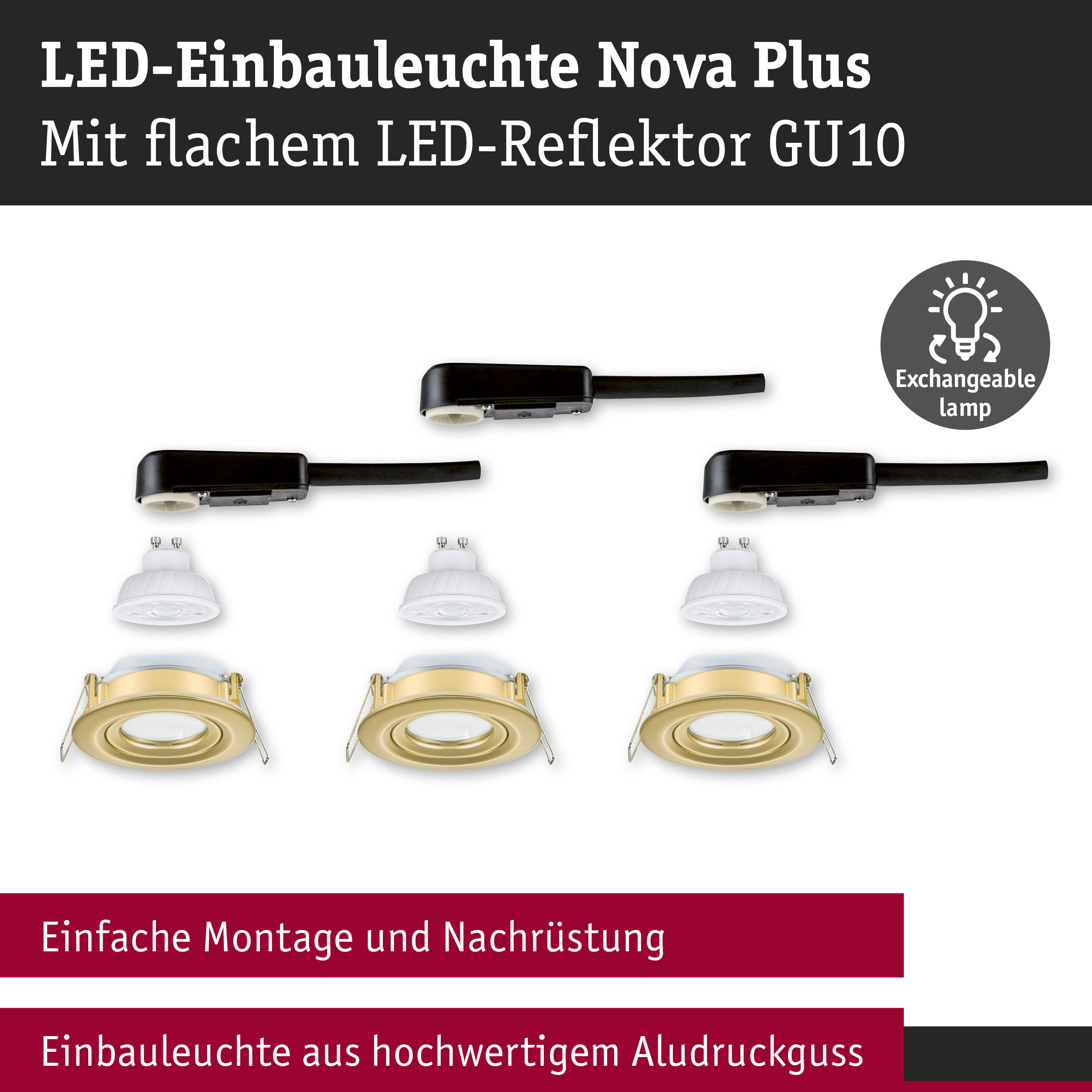 LED-Einbauleuchte Nova Plus aus hochwertigem Aludruckguss in Gold mit GU10 LED-Reflektor