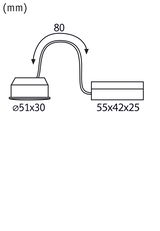 Technische Zeichnung mit Maßen eines runden LED-Einbaustrahler-Systems mit Kabel und Treiber.