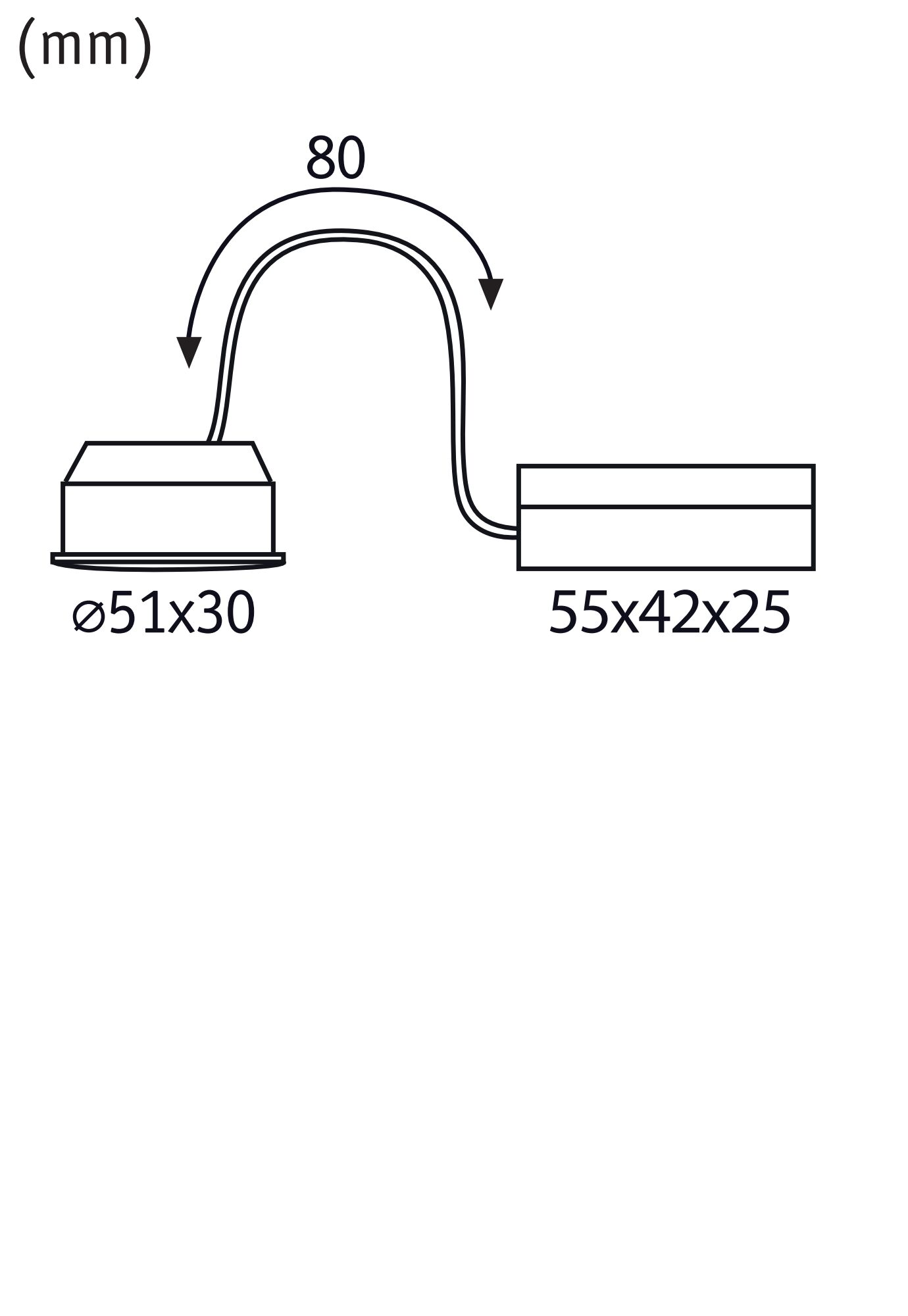 Technical drawing showing dimensions of round LED recessed spotlight with cable and driver box.