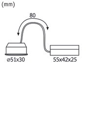 Technische Zeichnung mit Maßen 51x30 mm und 55x42x25 mm, Kabelabstand 80 mm