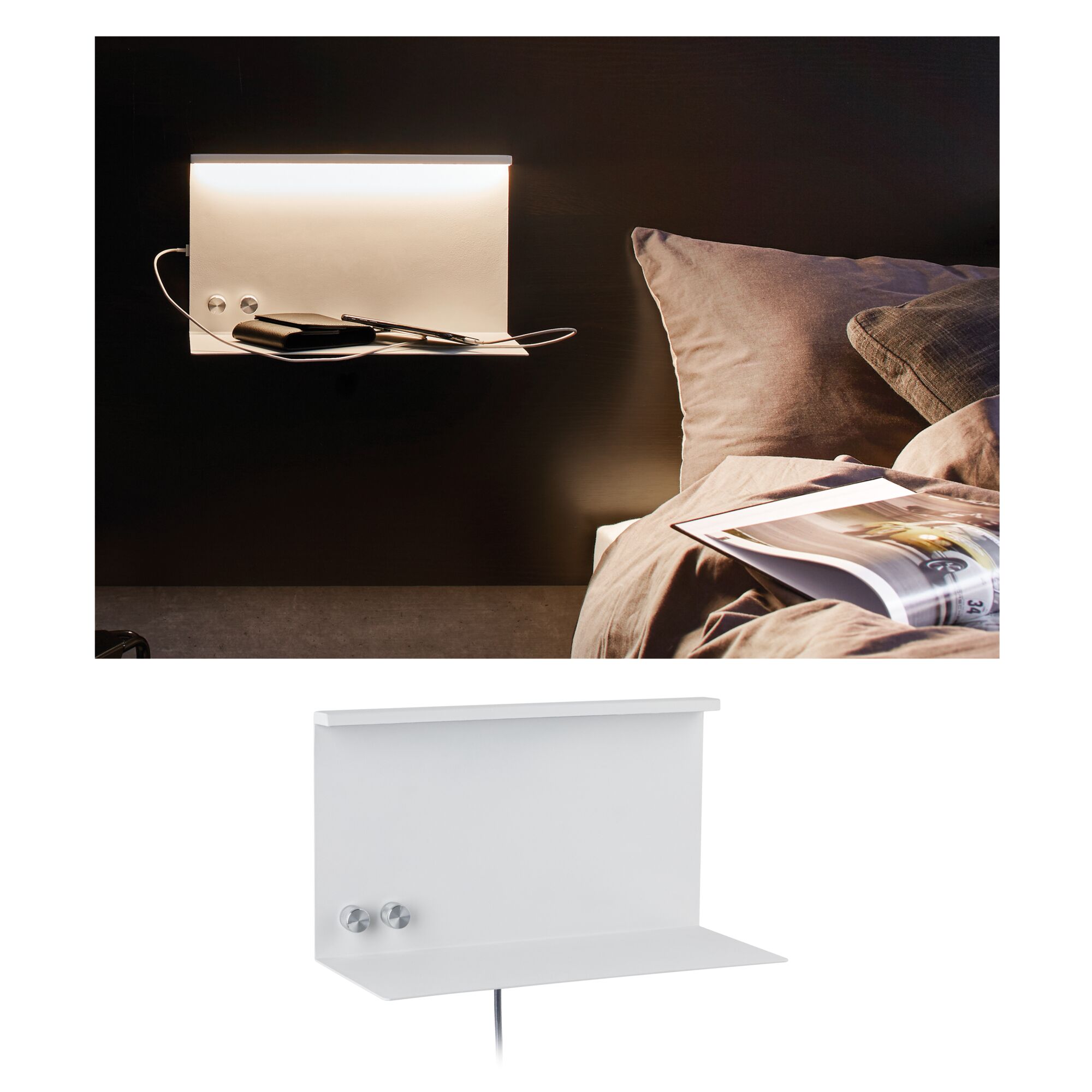Witte metalen LED-wandlamp met plank en twee draaiknoppen voor slaapkamerverlichting