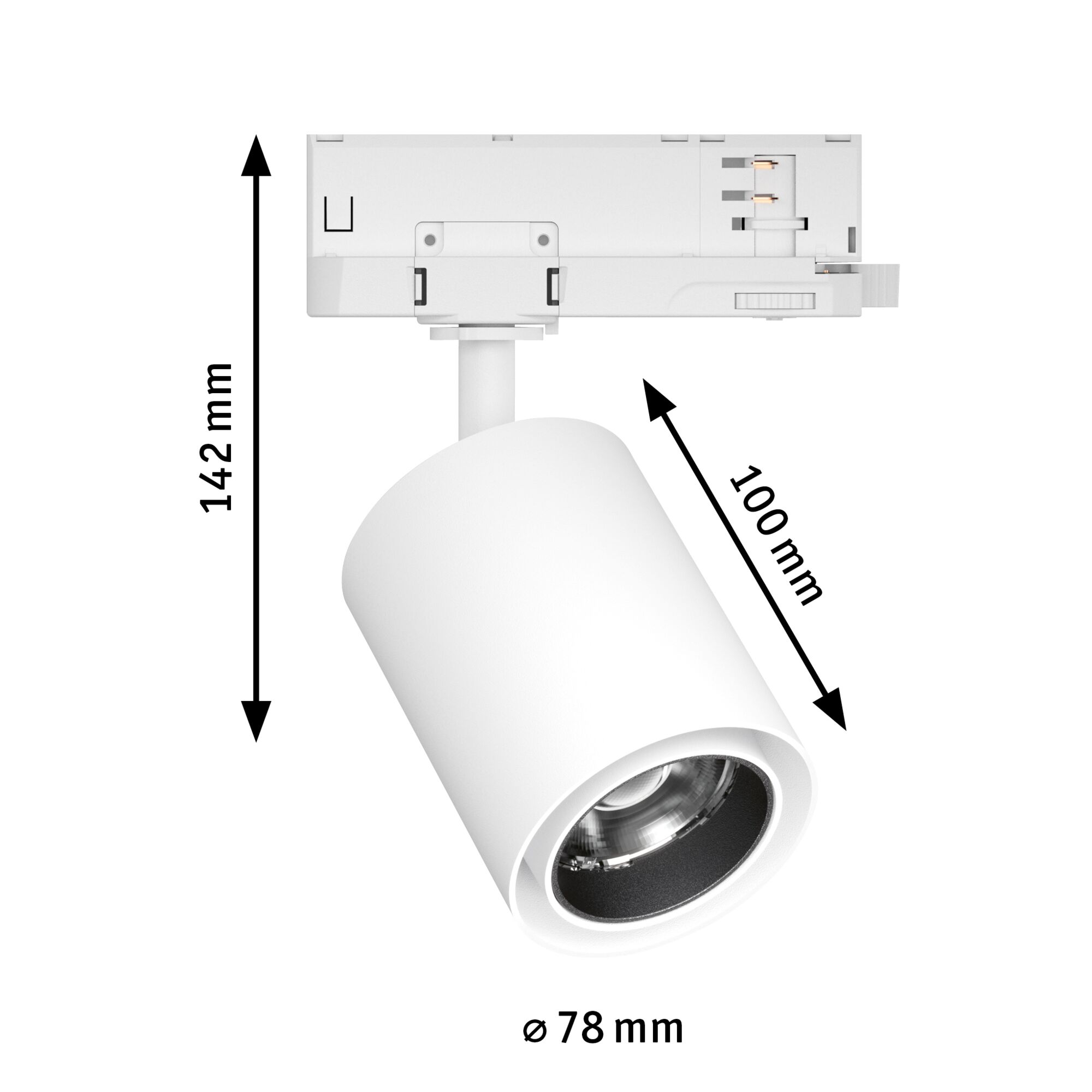 Weißer LED-Spot aus Metall mit 78 mm Durchmesser und 142 mm Höhe für Schienensysteme