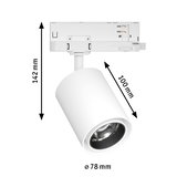 Weißer LED-Spot aus Metall mit 78 mm Durchmesser und 142 mm Höhe für Schienensysteme